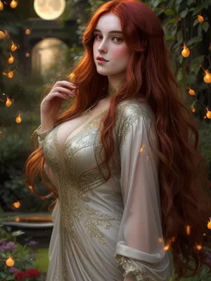 A super plus-size woman with long, flowing auburn hair, stands gracefully in a misty, moonlit garden filled with glowing fireflies. She wears a flowing gown made of shimmering silk, with intricate embroidery depicting scenes from mythology. The scene is bathed in soft, silvery light, creating a dreamy, ethereal atmosphere. This image is reminiscent of a pre-raphaelite painting, with a touch of art nouveau elegance, evoking the style of Waterhouse and Rossetti, with a focus on intricate details, vibrant colors, and a sense of romanticism.