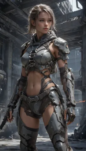 sexy uniform futuristic combat harnesses, Bermuda shorts, leg guard, elbow guard, gauntlet, gray hoodies that let her see her bare stomach and her crop top, small armor camouflage gray., neotech, glowing, scifi, wkas, <lora:NeoFuturisticTechXL:.8>, <lora:wkas:.8>, <lora:Mecha_Ggorgeous_Armor-000011:.8>
