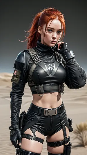sexy uniform futuristic combat harnesses, Bermuda shorts, leg guard, elbow guard, gauntlet, gray hoodies that let her see her bare stomach and her crop top, small armor, camouflage gray, fiery red hair in a ponytail, with a Futuristic Submachine Gun, standing on the battlefield outdoors on fire in the desert, helm, hood, wrapped, in, leather, straps, harnesses, and, garters, hanyma-r7, mechaarmor, <lora:SDXLrender_v2.0:1.3>, <lora:aki-000006:.1>, <lora:mechaarmor_v0.7:.1>