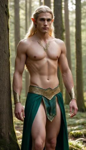 An impossibly beautiful male elf standing in a golden sun-dappled forest clearing, (tall and statuesque with long, perfectly proportioned legs, lean but powerfully defined muscles, smooth pale skin that catches the light, angular jawline, full lips, piercing emerald eyes that seem to hold centuries of secrets, long silver-blonde hair cascading in silky waves over his shoulders, sharply pointed ears peeking through), (bare, sculpted torso with flawless definition, deep v-lines leading to low-slung, form-fitting elven briefs of soft forest-green silk with gold embroidery that hug his hips, leaving almost nothing to the imagination), the air shimmering faintly with magic, ancient moss-covered trees and drifting pollen framing him, an aura of otherworldly allure so intense it could break the will of any mortal