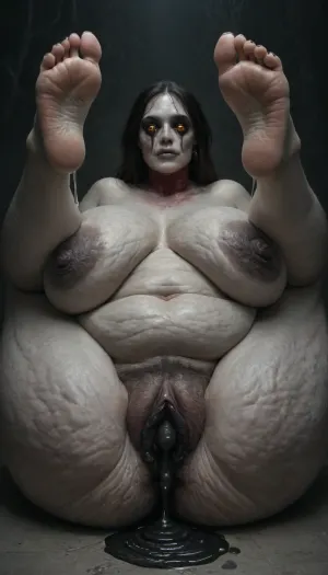(monstrous woman:1.7), (hyper dripping black cum pussy:1.8), (closed mouth:1.1), (high detailed:1.5), (super hairy pussy:1.3), (udder:1.6), (congested breasts:1.2), (obese cellulite body:1.2), (visible veins on the breasts:1.4), legs raised up, very realistic detailed feet, perfect feet, five toes on each foot, high arch feet