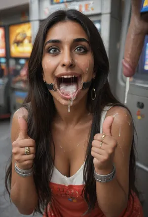 (Indian woman with straight shoulder-long hair:1.8), (narrow face:1.1), (dark black hair:1.1), (hooked nose:1.5), (heavy makeup:.8), (Indian woman is stuck with her hips in a round hole with metal rim in an arcade machine on a busy street, wearing a mouth spreader), (she shows thumbs up:1.3), (natural brown eyes), (brown skin), (stuck in round hole with metal rim:1.1), (wide metal box), (arms restrained in contraption:1.6), (wide angle, full machine in picture:1.1), (bustling street, passersby:1.3), (wide smile, obsessive:1.5), (her arms are fixated in machine:1.5), (score_9, score_8_up, score_7_up, UHD 8K, masterpiece, best quality, maximum details:1.2), natural light, extreme realism, cinematic still, (very happy:1.3), (wide mouth spreader ring gag, gaping mouth:1.5), (her hands are protruding from holes:1.3), (stuck in hole with metal rim), (leaning forward), (huge penis), (she stares at erect penis in front of her face:1.3), (cum on her face, bukkake:1.3)