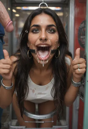 (Indian woman with straight semi-long hair:1.8), (narrow face:1.1), (dark black hair:1.1), (hooked nose:1.5), (heavy makeup:.8), (Indian woman is stuck with her hips in a round hole with metal rim in an arcade machine on a busy street, wearing a mouth spreader), (she shows thumbs up:1.3), (natural brown eyes), (brown skin), (stuck in round hole with metal rim:1.1), (wide metal box), (arms restrained in contraption:1.6), (wide angle, full machine in picture:1.1), (bustling street, passersby:1.3), (wide smile, obsessive:1.5), (her arms are fixated in machine:1.5), (score_9, score_8_up, score_7_up, UHD 8K, masterpiece, best quality, maximum details:1.2), natural light, extreme realism, cinematic still, (very happy:1.3), (wide mouth spreader ring gag, gaping mouth:1.5), (her hands are protruding from holes:1.3), (stuck in hole with metal rim), (leaning forward), (huge penis), (she stares at erect penis in front of her face:1.3), (cum on her face, bukkake:1.3)