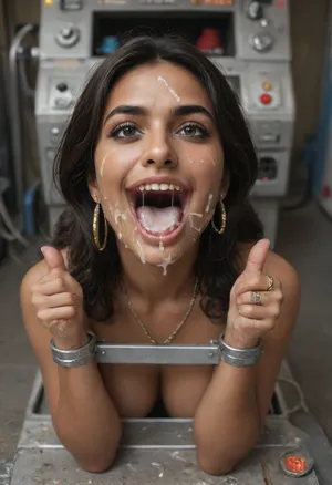 (Indian woman with straight hair:1.8), (narrow face:1.1), (dark black hair:1.1), (Indian woman is stuck with her hips in a round hole with metal rim in an arcade machine on a busy street, wearing a mouth spreader), (she shows thumbs up:1.3), (natural brown eyes), (brown skin), (stuck in round hole with metal rim:1.1), (wide metal box), (arms restrained in contraption:1.6), (wide angle, full machine in picture:1.1), (bustling street, passersby:1.3), (wide smile, obsessive:1.5), (her arms are fixated in machine:1.5), (score_9, score_8_up, score_7_up, UHD 8K, masterpiece, best quality, maximum details:1.2), natural light, extreme realism, cinematic still, (very happy:1.3), (wide mouth spreader ring gag, gaping mouth:1.5), (her hands are protruding from holes:1.3), (stuck in hole with metal rim), (leaning forward), (huge penis), (she stares at erect penis in front of her face:1.3), (cum on her face, bukkake:1.3)