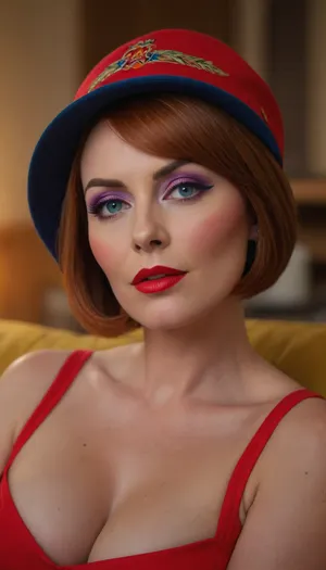 A RAW photo, close up, face focus, 1/2 body view, soviet mature woman, ((completely clothing)), (curvy body), ((auburn bob haircut)), 40 years old, perfect face, blue eyes, (bright makeup:1.5), red lipstick, sitting on sofa, microskirt, extremely, short, skirt, <lora:MicroSkirt_XL:.5>, beer, hat, tube, in, mouth, <lora:concept_beerhat-v2.8.2-rls:.8>