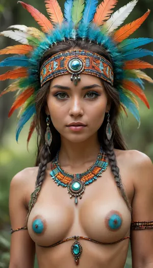 a woman styled in a Native American aesthetic. Woman is positioned directly in the center of the frame, looking directly at the viewer. Small round boobs, Full body in view, wide view, depth of field, various pose, supermodel, posing, various different camera lens, seductive smile, ahegao expression, pointed nipples, puffy nipples, detailed image, detailed face, full body visible, high contrast image, detailed shadow and reflections, tall, fit and masculine, hourglass figure, Sensual sea green eyes, belly button visible, native American attire, slender thais, native American fiotware, She wears an elaborate colourful headdress predominantly in shades of green, aqua, orange and blue, red, composed of feathers and intricate beadwork. A beaded headband, matching the headdress, adorns her forehead. Her dark brown hair is styled with long, braided sections that frame her face and cascade down her chest.

Her face is painted with white and ochre tribal markings, adding to the cultural representation. Her eyes are striking blue.

She wears a beaded necklace and a revealing top, also decorated with beads, in complementing hues of blue and orange. The top provides partial coverage of her breasts. The skin tone is a warm, tanned color.

The background is a soft, blurred green, suggesting a detailed natural environment like a forest. The lighting is soft, which creates a gentle glow on her skin and highlights the details of her attire. The color palette is vibrant and rich, with the orange and blue creating a striking contrast against her skin and the green background. The overall impression is one of beauty, strength, and cultural representation., <lora:xl_more_art-full_v1:.8>, <lora:detailed_notrigger:.8>, green, eyes, blue, brown, perfecteyes, <lora:PerfectEyesXL:.8>