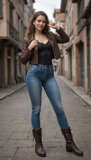 Prof real 4k photo, charming girl beautiful cutie dressed in tight skinny jeans, dark brown leather jacket, elastic hips, plump lips, sweetly smiling broadly, mysterious intelligent look, expressive realistic brown eyes, filigree execution, long tousled hair, slender legs, full-length boots, steampunk style and peace, hyperdetalization. Steampunk.