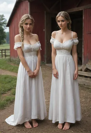 Medieval times, old farmhouse, two 18 yo poor farmer's girls, twins, (standing outside in front of farmhouse), ((very shy)), looking down, messy long braided blonde hair, dirty skin, perfect faces, innocent-looking, (skinny), ((giant firm breasts)), (poor white simple dresses), freckles, wind in their hair, cold, dresses a bit torn, off-shoulder, barefoot, large, breasts, big, boobs, huge, tits, <lora:bombshell_v2:.8>
