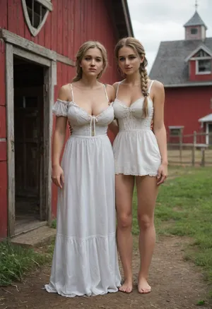 Medieval times, old farmhouse, two 18 yo poor farmer's girls, twins, (standing outside in front of farmhouse), ((very shy)), looking down, messy long braided blonde hair, dirty skin, perfect faces, innocent-looking, (skinny), ((giant firm breasts)), (poor white simple dresses), freckles, wind in their hair, cold, dresses a bit torn, off-shoulder, barefoot, large, breasts, big, boobs, huge, tits, <lora:bombshell_v2:.8>
