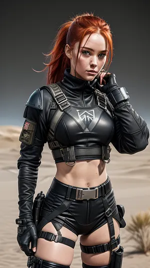 sexy uniform futuristic combat harnesses, Bermuda shorts, leg guard, elbow guard, gauntlet, gray hoodies that let her see her bare stomach and her crop top, small armor, camouflage gray, fiery red hair in a ponytail, with a Futuristic Submachine Gun, standing on the battlefield outdoors on fire in the desert, helm, hood, wrapped, in, leather, straps, harnesses, and, garters, hanyma-r7, mechaarmor, <lora:SDXLrender_v2.0:1.3>, <lora:aki-000006:.1>, <lora:mechaarmor_v0.7:.1>