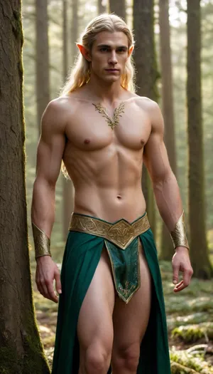 An impossibly beautiful male elf standing in a golden sun-dappled forest clearing, (tall and statuesque with long, perfectly proportioned legs, lean but powerfully defined muscles, smooth pale skin that catches the light, angular jawline, full lips, piercing emerald eyes that seem to hold centuries of secrets, long silver-blonde hair cascading in silky waves over his shoulders, sharply pointed ears peeking through), (bare, sculpted torso with flawless definition, deep v-lines leading to low-slung, form-fitting elven briefs of soft forest-green silk with gold embroidery that hug his hips, leaving almost nothing to the imagination), the air shimmering faintly with magic, ancient moss-covered trees and drifting pollen framing him, an aura of otherworldly allure so intense it could break the will of any mortal