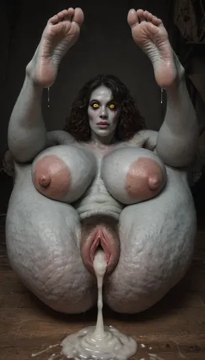 (monstrous woman:1.8), (hyper dripping cum pussy:1.6), (closed mouth:1.1), (high detailed:1.4), (super hairy pussy:1.4), (udder:1.4), (big areola:1.4), (hourglass cellulite body:1.2), (visible veins:1.2), legs raised up, very realistic detailed feet, perfect feet, five toes on each foot, high arch feet