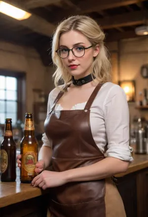 Highly detailed image, bright saturated colors, 8K quality, Tesla's steampunk-inspired, Victorian-era brewery, beautiful blonde 18 yo Englishwoman, ((wearing a leather apron over her naked body)), enormously large tits half view, ((glasses and bottles with beer all around)), dynamic pose