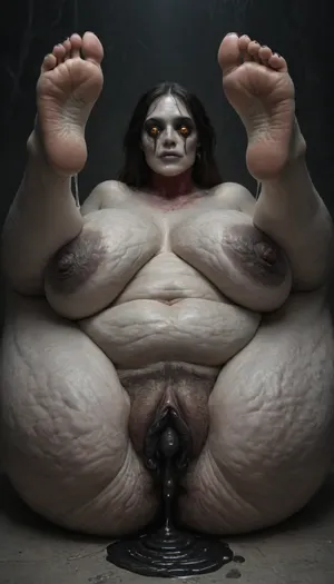 (monstrous woman:1.7), (hyper dripping black cum pussy:1.8), (closed mouth:1.1), (high detailed:1.5), (super hairy pussy:1.3), (udder:1.6), (congested breasts:1.2), (obese cellulite body:1.2), (visible veins on the breasts:1.4), legs raised up, very realistic detailed feet, perfect feet, five toes on each foot, high arch feet
