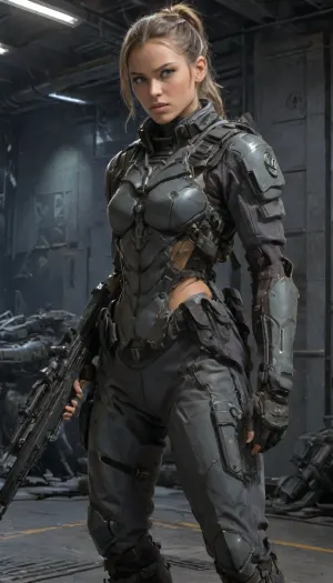 sexy deeply tanned, hair in a ponytail, realistic eyes, realistic oiled skin, uniform Starship Troopers futuristic combat harnesses, Bermuda, leg guard, elbow guard, gauntlet, gray hoodies, toplesse small armor camouflage gray.with a Futuristic AR rifle drawn, helm, helmet, hood, neotech, glowing, scifi, (nude breasts), 1girl, thigh_strap, o-ring, solo, small_breasts, wkas, with, a, army, suit, and, (((Tactical gun pose on one knee))), <lora:NeoFuturisticTechXL:2>, <lora:wkas:2>, <lora:StarshipTroopers1024:.1>, <lora:Mecha_Ggorgeous_Armor-000011:.4>, <lora:230394_training_data:.8>