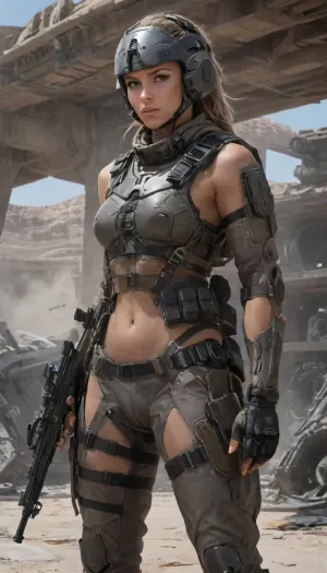 sexy nude bode, deeply tanned, hair in a ponytail, realistic eyes, realistic oiled skin, uniform futuristic, no pants, (((combat harnesses))), Topless, bikini, leg guard, elbow guard, gauntlet, gray hoodies that let her see her bare stomach and her crop top, small armor, camouflage, nude bare thigh, nude bare arm., (((Tactical Rifle different poses))), Famas Assault Rifle, ((Desert war setting)), Futuristic AR rifle drawn, Plate, carrier, combat belt tactical, OCP, wkas, with, a, army, suit, helmet, <lora:wkas:1.3>, <lora:Mecha_Ggorgeous_Armor-000011:.7>, <lora:230394_training_data:.4>, <lora:StarshipTroopers1024:.5>