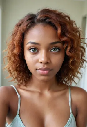 Ultra-realistic selfie of an 18-year-old short Black African girl, babyface, height 155 cm, with lush natural breasts, (size 34B), deep warm medium-brown Afro skin tone with rich golden undertones, smooth texture, radiant healthy glow, subtle freckles across cheeks and nose, slightly sun-kissed look, extremely clean and bright light green eyes, (make sure that the eyes are unmistakably light green, bright and bright), . long, wavy red hair with natural copper tones and subtle highlights, medium thickness, loose and flowing down past the shoulders, (hair should be long), bright copper-red with natural highlights. natural light green eyes, in natural daylight, minimalist bathroom background, wearing a slightly wet white T-shirt where nipples are clearly visible, DSLR quality, soft focus, cinematic lighting, ultra-detailed skin texture, high resolution. No pale skin, no light skin, no washed-out tones.