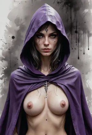 Dungeons&Dragons style, a druid femaleelf. Black diseased spots dot her hands. She wears a hooded cloak, bare chested and nude, busy bush, ink drawing wet on wet, alcohol, Abstract_modern_ink, Yoji Shinkawa, Luis Royo, purple and grey palette, Ink ink lines crosshatching