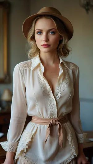 1940s, warm lightning, erotic, porno chic, subdued atmosphere, sunset lighning, two beautiful elegant blond lesbian 20 year old, detailed eyes, (show tits), wearing an unbuttoned slim blazer with a fabric belt at the back, unbuttoned lace shirt, (show nipples), show tits, elegant long skirt, a large silk scarf tied with large knot, elegant ankle boots, little woman's cloche hat, pearl Harbor, chiaroscuro, back view, woman undressing, lace bra, caressing nipples, upskirt, raw, <lora:MJ52:2>, <lora:255596_training_data:.8>, realistic, real, face, hyper, realsitic, influencer, insta, beautiful, sexy, pretty, <lora:Realistic_Insta_InfluencerV1.0:.8>, <lora:fresh ideas@Ultra HD portraitsXL_V2.0:.8>, FRESHIDEAS, Real, Photography, 2#, <lora:FRESHIDEAS Real Photography 2#:.8>