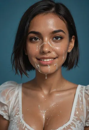 (brown skinned Indian woman:1.3), (sleek straight cut hair:1.2), (shoulder hair), (black hair), hooked nose, plucked eyebrows, dark complexion, smile, (transparent liquid, wet face:1.2), (cum on her face, bukakke:1.3), white summer dress, cleavage, dark blue background, short sleeves, puffer sleeves, (flower print on dress:.8), (millinery, fascinator:1.1)