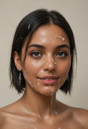 Indian woman, (sleek straight cut hair:1.2), (shoulder hair), (black hair), hooked nose, plucked eyebrows, dark complexion, smile, (transparent liquid, wet face:1.2), (cum on her face, bukakke:1.3)