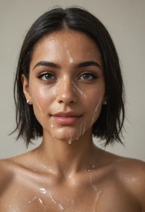 Indian woman, (sleek straight cut hair:1.2), (shoulder hair), (black hair), hooked nose, plucked eyebrows, dark complexion, smile, (transparent liquid, wet face:1.2), (cum on her face, bukakke:1.3)