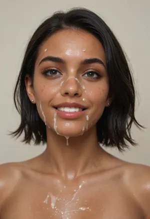 Indian woman, (sleek straight cut hair:1.2), (shoulder hair), (black hair), hooked nose, plucked eyebrows, dark complexion, smile, (transparent liquid, wet face:1.1), (cum on her face, bukakke:1.3)