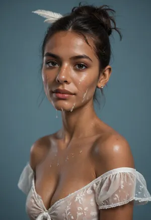 (brown skinned Indian woman looking at viewer:1.3), (dark skinned lips), (slightly bent nose:1.2), (slender arched nose:1.1), jawline, slightly side view, (short sleek straight tied hair:1.3), arrogant, (black hair), hooked nose, plucked eyebrows, dark complexion, (transparent liquid, wet face), (cum on her face, bukakke), white summer dress, cleavage, dark blue background, short sleeves, puffer sleeves, (flower print on dress:.8), (haute couture feather head accessory:1.1), millinery, fascinator, faint smile