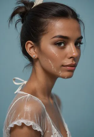 (brown skinned Indian woman looking at viewer:1.3), (dark skinned lips), (slightly bent nose:1.2), (slender arched nose:1.1), jawline, slightly side view, (short sleek straight tied hair:1.3), arrogant, (black hair), hooked nose, plucked eyebrows, dark complexion, (transparent liquid, wet face), (cum on her face, bukakke), white summer dress, cleavage, dark blue background, short sleeves, puffer sleeves, (flower print on dress:.8), (haute couture feather head accessory:1.1), millinery, fascinator, faint smile