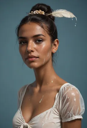 (brown skinned Indian woman looking at viewer:1.3), (dark skinned lips), (slightly bent nose:1.2), (slender arched nose:1.1), jawline, slightly side view, (short sleek straight tied hair:1.3), arrogant, (black hair), hooked nose, plucked eyebrows, dark complexion, (transparent liquid, wet face), (cum on her face, bukakke:1.1), white summer dress, cleavage, dark blue background, short sleeves, puffer sleeves, (flower print on dress:.8), (haute couture feather head accessory:1.1), millinery, fascinator, faint smile