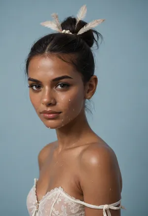 (brown skinned Indian woman looking at viewer:1.3), (dark skinned lips), (slightly bent nose:1.4), (slender arched nose:1.1), jawline, slightly side view, (short sleek straight tied hair:1.3), arrogant, (black hair), hooked nose, plucked eyebrows, dark complexion, (transparent liquid, wet face), (cum on her face, bukakke:1.1), white summer dress, cleavage, dark blue background, short sleeves, puffer sleeves, (flower print on dress:.8), (haute couture feather head accessory:1.1), millinery, fascinator, faint smile