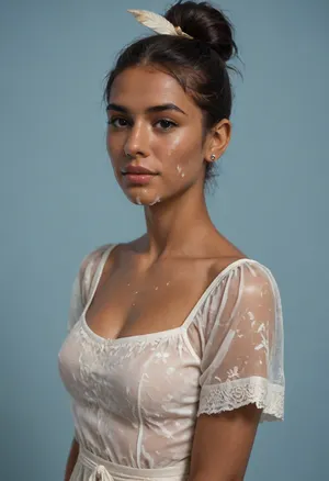 (brown skinned Indian woman looking at viewer:1.3), (dark skinned lips), (slightly bent nose:1.3), (slender arched nose:1.2), jawline, slightly side view, (short sleek straight tied hair:1.3), arrogant, (black hair), hooked nose, plucked eyebrows, dark complexion, (transparent liquid, wet face), (cum on her face, bukakke:1.1), white summer dress, cleavage, dark blue background, short sleeves, puffer sleeves, (flower print on dress:.8), (haute couture feather head accessory:1.1), millinery, fascinator, faint smile