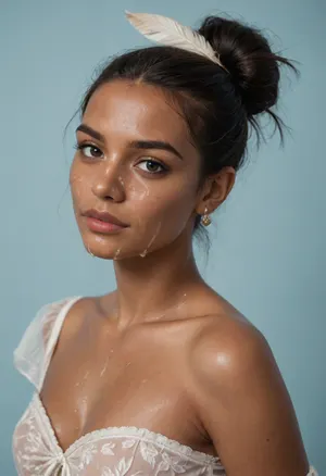 (brown skinned Indian woman looking at viewer:1.3), (dark skinned lips), (slightly bent nose:1.3), (slender arched nose:1.2), jawline, slightly side view, (short sleek straight tied hair:1.3), arrogant, (black hair), hooked nose, plucked eyebrows, dark complexion, (transparent liquid, wet face), (cum on her face, bukakke:1.1), white summer dress, cleavage, dark blue background, short sleeves, puffer sleeves, (flower print on dress:.8), (haute couture feather head accessory:1.1), millinery, fascinator, faint smile