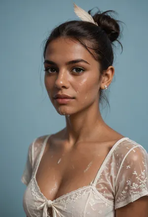 (brown skinned Indian woman looking at viewer:1.3), (dark skinned lips), (slightly bent nose:1.3), (slender arched nose:1.2), jawline, slightly side view, (short sleek straight tied hair:1.3), arrogant, (black hair), hooked nose, plucked eyebrows, dark complexion, (transparent liquid, wet face), (cum on her face, bukakke:1.1), white summer dress, cleavage, dark blue background, short sleeves, puffer sleeves, (flower print on dress:.8), (haute couture feather head accessory:1.1), millinery, fascinator, faint smile