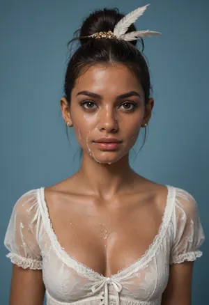 (brown skinned Indian woman looking at viewer:1.3), (dark skinned lips), (slightly bent nose:1.3), (slender arched long nose:1.2), jawline, slightly side view, (short sleek straight tied hair:1.3), arrogant, (black hair), hooked nose, plucked eyebrows, dark complexion, (transparent liquid, wet face), (cum on her face, bukakke:1.1), white summer dress, cleavage, dark blue background, short sleeves, puffer sleeves, (flower print on dress:.8), (haute couture feather head accessory:1.1), millinery, fascinator, faint smile