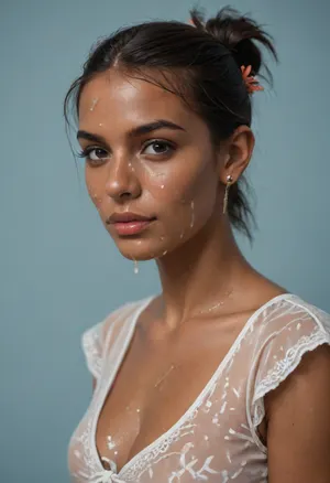 (brown skinned Indian woman looking at viewer:1.3), (dark skinned lips), (slightly bent nose:1.2), (slender arched nose:1.1), jawline, slightly side view, (short sleek straight tied hair:1.3), arrogant, (black hair), hooked nose, plucked eyebrows, dark complexion, (transparent liquid, wet face), (cum on her face, bukakke), white summer dress, cleavage, dark blue background, short sleeves, puffer sleeves, (flower print on dress:.8), (haute couture feather head accessory:1.1), millinery, fascinator, faint smile