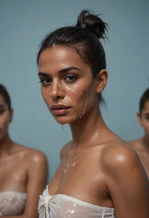 (brown skinned Indian woman looking at viewer:1.3), (dark skinned lips), (slightly bent hooked nose:1.2), (extremely arched nose:1.1), jawline, slightly side view, (short sleek straight tied hair:1.3), arrogant, (black hair), hooked nose, plucked eyebrows, dark complexion, (transparent liquid, wet face), (cum on her face, bukakke), white summer dress, cleavage, dark blue background, short sleeves, puffer sleeves, (flower print on dress:.8), millinery, fascinator, faint smile