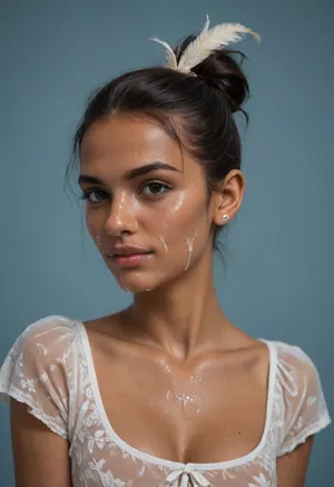 (brown skinned Indian woman looking at viewer:1.3), (dark skinned lips), (slightly bent nose:1.2), (slender arched nose:1.1), jawline, slightly side view, (short sleek straight tied hair:1.3), arrogant, (black hair), hooked nose, plucked eyebrows, dark complexion, (transparent liquid, wet face), (cum on her face, bukakke), white summer dress, cleavage, dark blue background, short sleeves, puffer sleeves, (flower print on dress:.8), (haute couture feather head accessory:1.1), millinery, fascinator, faint smile