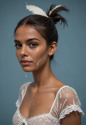 (brown skinned Indian woman looking at viewer:1.3), (dark skinned lips), (slightly bent nose:1.2), (slender arched nose:1.1), jawline, slightly side view, (short sleek straight tied hair:1.3), arrogant, (black hair), hooked nose, plucked eyebrows, dark complexion, (transparent liquid, wet face), (cum on her face, bukakke), white summer dress, cleavage, dark blue background, short sleeves, puffer sleeves, (flower print on dress:.8), (haute couture feather head accessory:1.1), millinery, fascinator, faint smile
