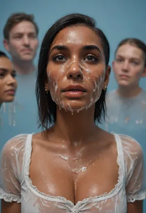(brown skinned Indian woman:1.3), (pointy convex nose:1.1), (sleek straight cut hair:1.2), arrogant, (shoulder hair), (black hair), hooked nose, plucked eyebrows, dark complexion, (transparent liquid, wet face:1.2), (cum on her face, bukakke:1.3), white summer dress, cleavage, dark blue background, short sleeves, puffer sleeves, (flower print on dress:.8), (haute couture feather head accessory:1.1), millinery, fascinator, faint smile