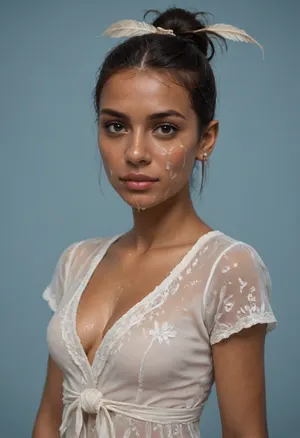 (brown skinned Indian woman looking at viewer:1.3), (dark skinned lips), (slightly bent nose, slender arched nose:1.2), jawline, slightly side view, (short sleek straight tied hair:1.3), arrogant, (black hair), hooked nose, plucked eyebrows, dark complexion, (transparent liquid, wet face), (cum on her face, bukakke), white summer dress, cleavage, dark blue background, short sleeves, puffer sleeves, (flower print on dress:.8), (haute couture feather head accessory:1.1), millinery, fascinator, faint smile