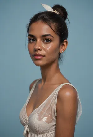 (brown skinned Indian woman looking at viewer:1.3), (dark skinned lips), (slightly bent nose, slender arched nose:1.2), jawline, slightly side view, (short sleek straight tied hair:1.3), arrogant, (black hair), hooked nose, plucked eyebrows, dark complexion, (transparent liquid, wet face), (cum on her face, bukakke), white summer dress, cleavage, dark blue background, short sleeves, puffer sleeves, (flower print on dress:.8), (haute couture feather head accessory:1.1), millinery, fascinator, faint smile
