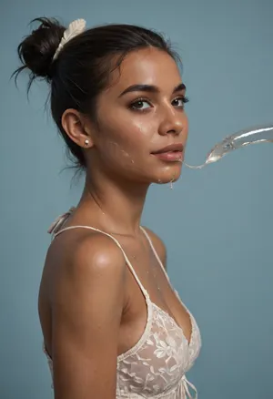 (brown skinned Indian woman looking at viewer:1.3), (dark skinned lips), (slightly bent nose, slender arched nose:1.2), jawline, slightly side view, (short sleek straight tied hair:1.3), arrogant, (black hair), hooked nose, plucked eyebrows, dark complexion, (transparent liquid, wet face), (cum on her face, bukakke), white summer dress, cleavage, dark blue background, short sleeves, puffer sleeves, (flower print on dress:.8), (haute couture feather head accessory:1.1), millinery, fascinator, faint smile