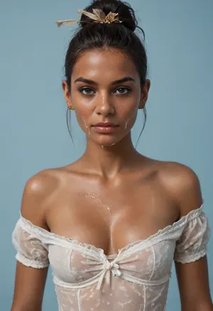 (brown skinned Indian woman looking at viewer:1.3), (dark skinned lips), (slightly bent nose, slender arched nose:1.2), jawline, slightly side view, (short sleek straight tied hair:1.3), arrogant, (black hair), hooked nose, plucked eyebrows, dark complexion, (transparent liquid, wet face), (cum on her face, bukakke), white summer dress, cleavage, dark blue background, short sleeves, puffer sleeves, (flower print on dress:.8), (haute couture feather head accessory:1.1), millinery, fascinator, faint smile