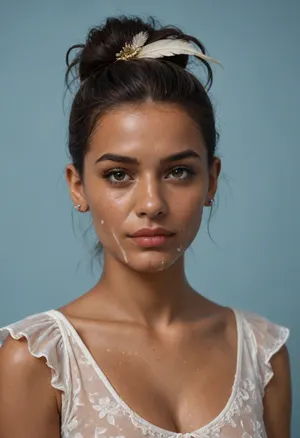 (brown skinned Indian woman looking at viewer:1.3), (dark skinned lips), (slightly bent nose, slender arched nose:1.2), jawline, slightly side view, (short sleek straight tied hair:1.3), arrogant, (black hair), hooked nose, plucked eyebrows, dark complexion, (transparent liquid, wet face), (cum on her face, bukakke), white summer dress, cleavage, dark blue background, short sleeves, puffer sleeves, (flower print on dress:.8), (haute couture feather head accessory:1.1), millinery, fascinator, faint smile