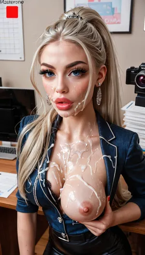 8k, glamour woman in denim suit, long platinum blonde hair with perfect fringe, (russian supermodel faces and black eyelashes, big lips, big lashes, doll delicate face, (18 y.o.), looking at camera, best quality, High Details, in office, with red and black marker, exposed one breast, one breast out, blonde or brunette, long hair or ponytail, wearing a long tight leather skirt, with your hands on the desk you will come with your ass up), bukkake, cum, <lora:MS_Real_XL_Bukkake:1>