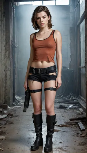 (full body portrait), stands in a relaxed 3/4 pose.

The image shows a woman standing upright and looking forward. She has short brown hair and fair skin.

She is wearing an orange tank top, a long black sweatshirt made of a large mesh, black pants with the right leg torn off, black flared jeans, and black boots. She wears a black harness that goes around her chest and back. Around her waist is a wide belt with a rectangular silver buckle. On each leg she has belts that go around her hips and holsters with pistols.

She holds a submachine gun in each hand, background, destroyed world, city ruins, post-apocalypse., <lora:ahxl_v1:.8>, <lora:Thigh_gap_SDXL:.8>, alic3apocalypse, she, is, wearing, apoc, outfit, brown, wavy, wet, a, bath, towel, holding, gun, shotgun, <lora:alice resident evil sdxl:.8>, Chern4byl, enviroment, <lora:PostApocalyptic_Chernobyl_v3:.8>