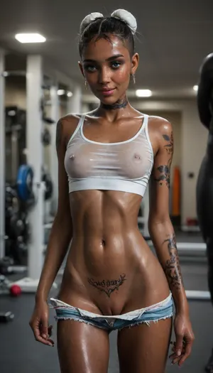 black hair, hair tied up in bun, blue eyes, hair fringe, african, smiling, cute smile, gorgeous smile, confident, sexy, perfect skin, *sweaty, sweaty skin, (glistening skin:1.3), extremely beautiful face, blush, freckles, (black skin:1.8), full lips, thick lips, ultra high details, looking at viewer, award winning photo, hips, super waist, perfect anatomic body, athletic, abs, (her body covered with tattoos:1.8), gym, standing, (wet white short top:1.4), (skimpy hotpants:1.4), (panties pulled aside:1.4), (visible shaved pussy:1.4), flat chests, erect nipples, pierced nipples, (pussypiercing), (skinny hips:1.4), (skinny waist:1.4), (skinny figure:1.4)