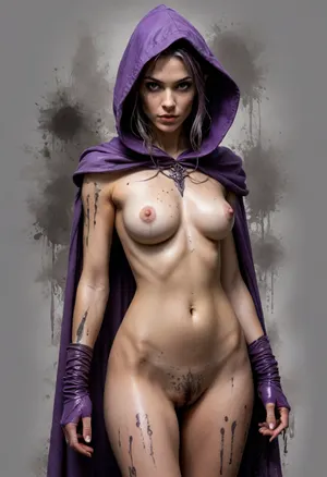 Dungeons&Dragons style, full body portrait, a druid female elf. Black diseased spots dot her hands. She wears a hooded cloak, bare chested and nude, busy bush, ink drawing wet on wet, alcohol, Abstract_modern_ink, Yoji Shinkawa, Luis Royo, purple and grey palette, Ink ink lines crosshatching