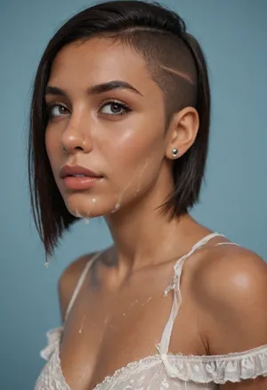 (brown skinned Indian woman:1.3), (dark skinned lips), (convex nose, slender arched nose:1.2), (tied back hair, sleek straight cut hair:1.3), arrogant, (shoulder hair), (black hair), hooked nose, plucked eyebrows, dark complexion, (transparent liquid, wet face), (cum on her face, bukakke), white summer dress, cleavage, dark blue background, short sleeves, puffer sleeves, (flower print on dress:.8), (haute couture feather head accessory:1.1), millinery, fascinator, faint smile
